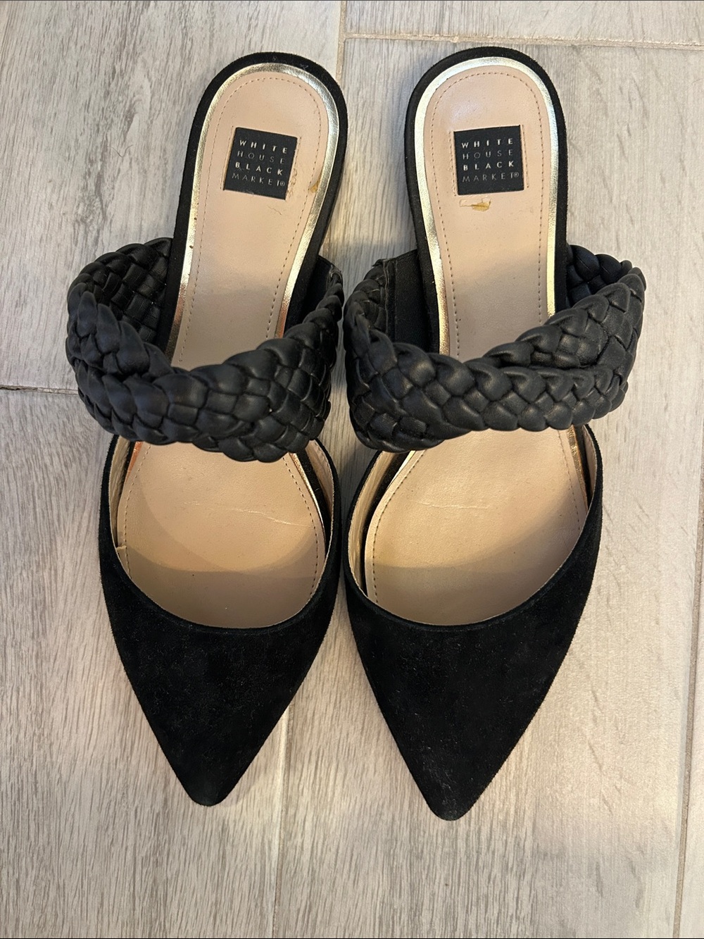 White House Black Market Black Braided-Strap Pointed Suede Mule